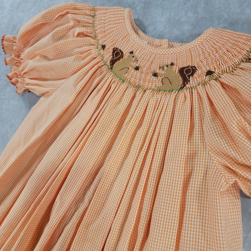Southern Sunshine Kids Girls Orange Gingham Smocked Squirrel Fall Dress Size 5